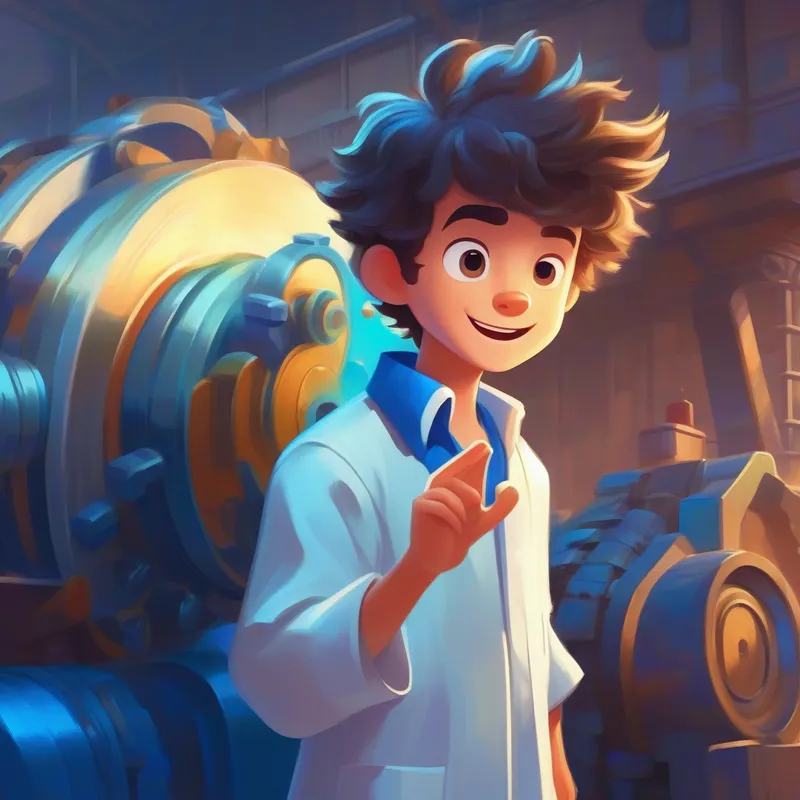 Curious boy with messy hair, wearing a bright blue shirt looking at the engine, Inventor wearing a white lab coat, friendly smile explaining with gestures