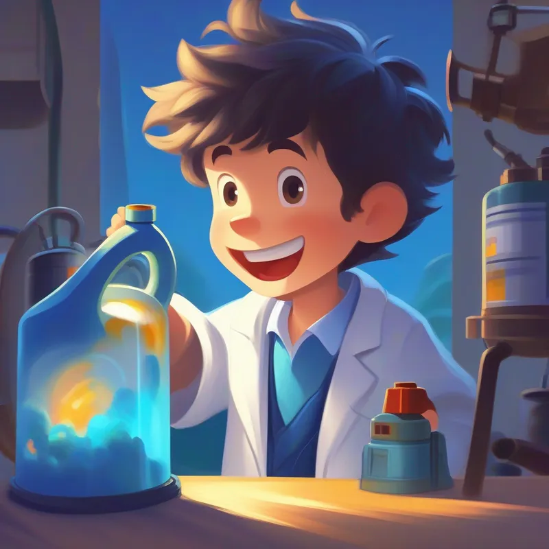 Inventor wearing a white lab coat, friendly smile showing a fuel can, Curious boy with messy hair, wearing a bright blue shirt listening attentively