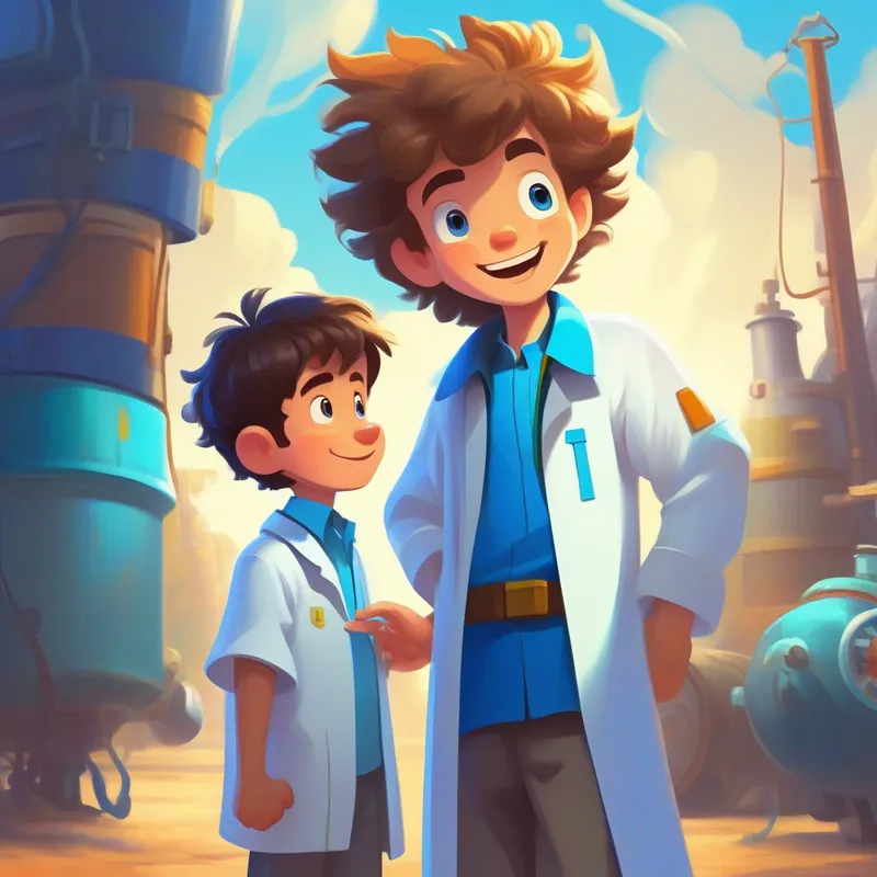 Curious boy with messy hair, wearing a bright blue shirt and Inventor wearing a white lab coat, friendly smile discussing fuel shortage, thoughtful expressions
