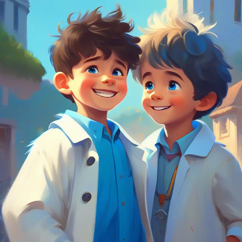Curious boy with messy hair, wearing a bright blue shirt saying goodbye to Inventor wearing a white lab coat, friendly smile, happy and inspired