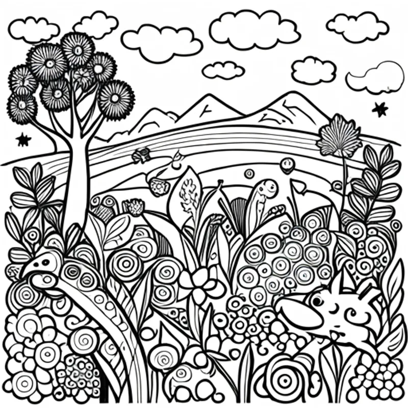 Animals playing joyfully in a colorful meadow