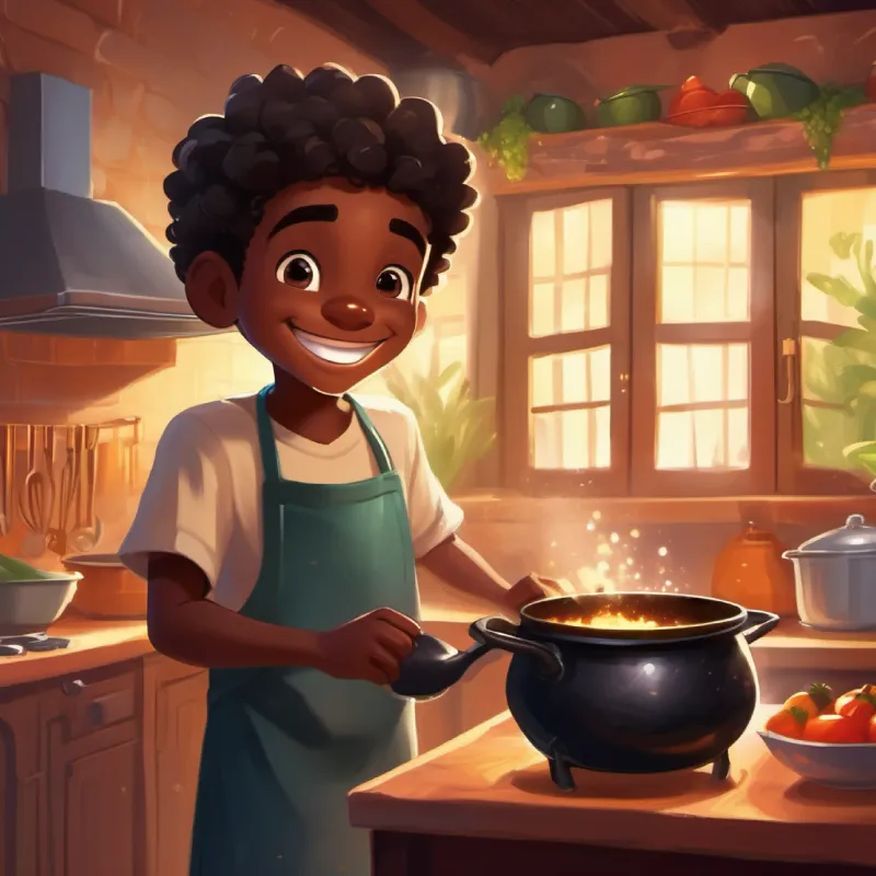 Village kitchen, curious Curious black boy with a big smile, dark skin, and sparkling brown eyes, magical cooking pot, exciting discovery