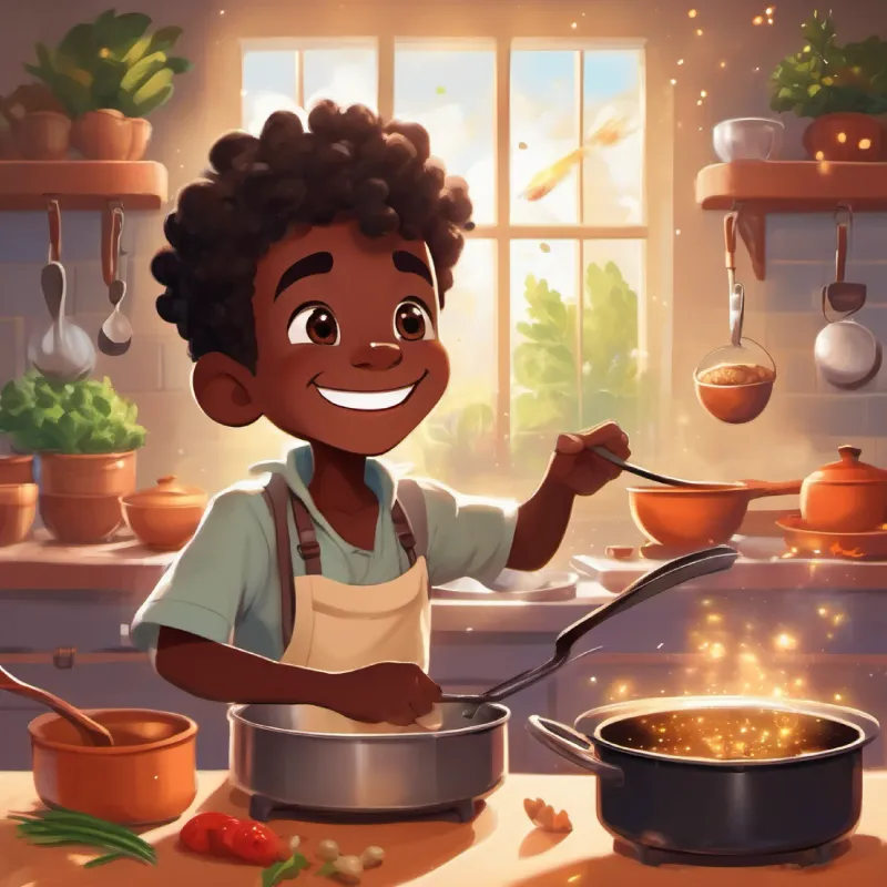 Magical pot's power, Curious black boy with a big smile, dark skin, and sparkling brown eyes's excitement, cooking adventures