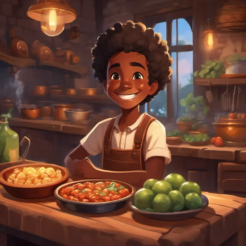 Kind Curious black boy with a big smile, dark skin, and sparkling brown eyes, tasty meals, happy villagers