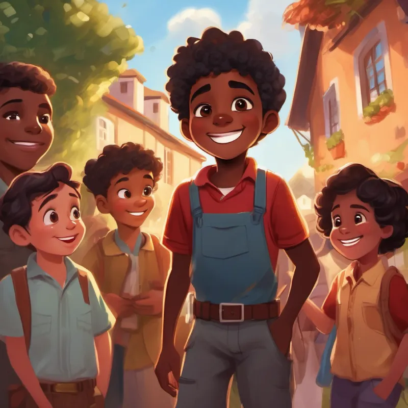 Curious black boy with a big smile, dark skin, and sparkling brown eyes's bravery, making a plan, teamwork with friends and family