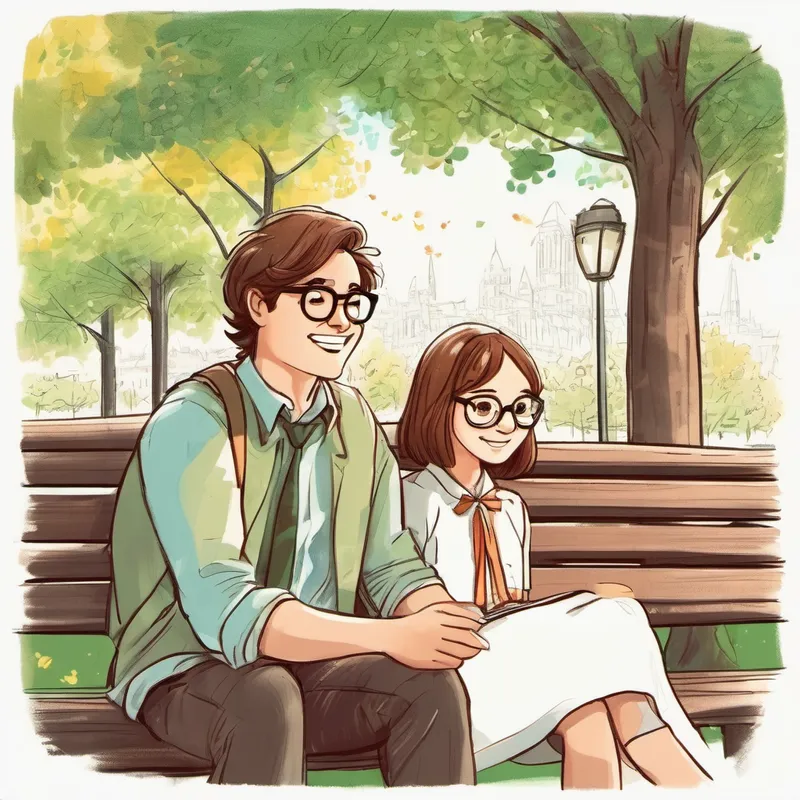 Brown-haired girl with glasses, always smiling and Mr Smith sitting on a park bench