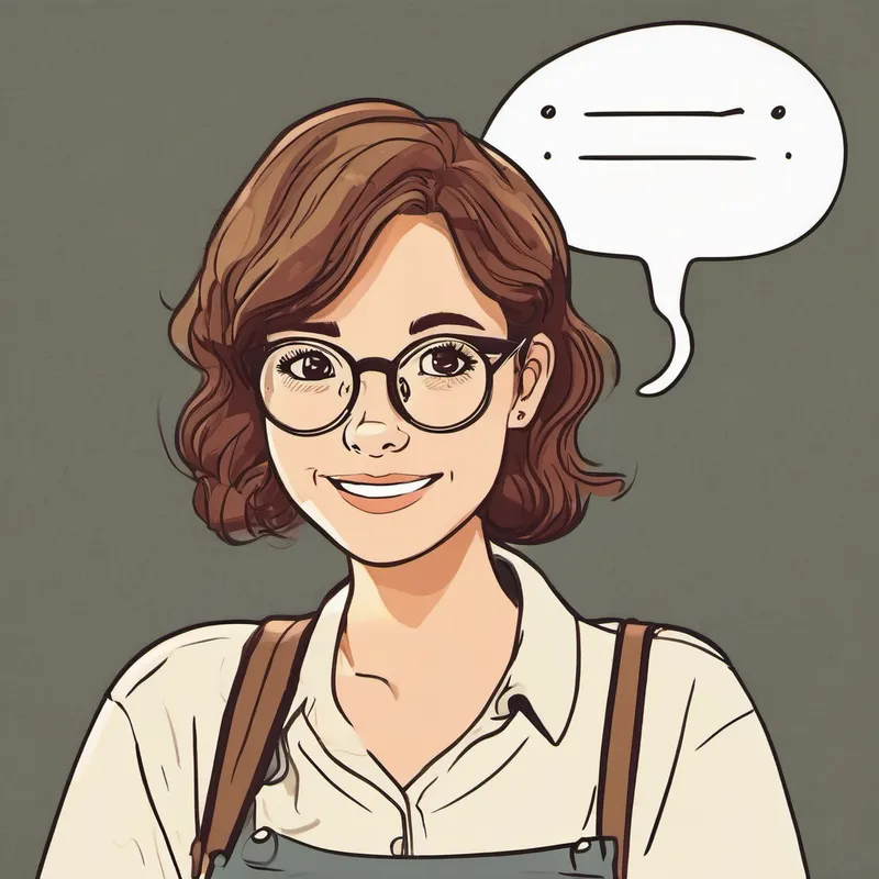 Brown-haired girl with glasses, always smiling standing with a thought bubble