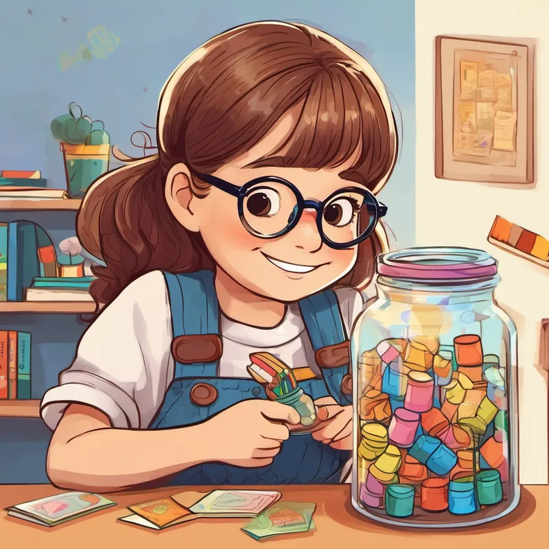Brown-haired girl with glasses, always smiling choosing kind words from a jar
