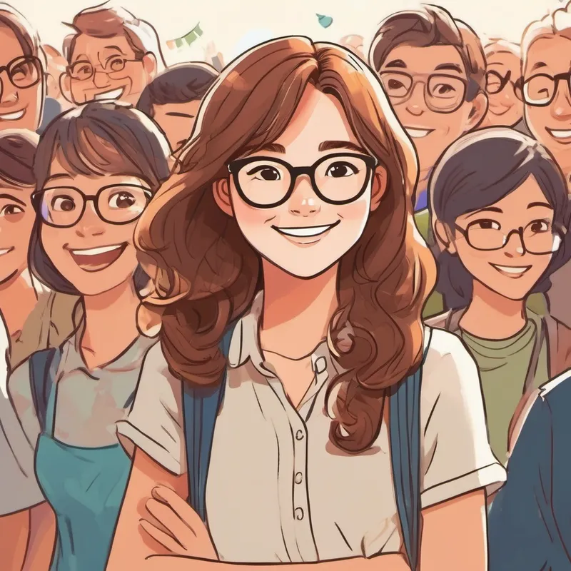 Brown-haired girl with glasses, always smiling surrounded by happy people