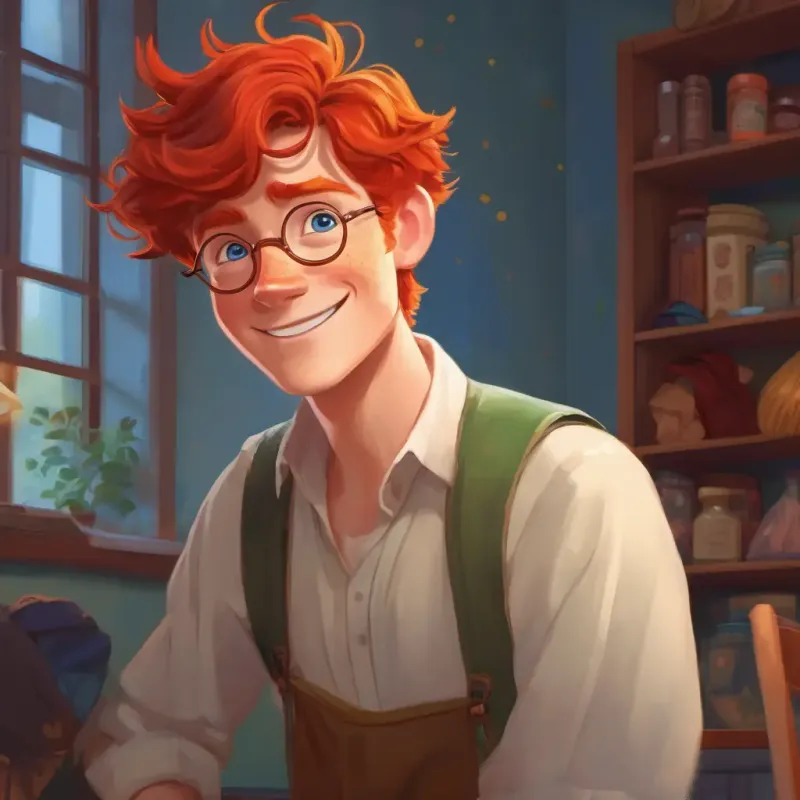 Harry gets dressed; Tall, red hair, freckles, blue eyes, friendly smile compliments him.