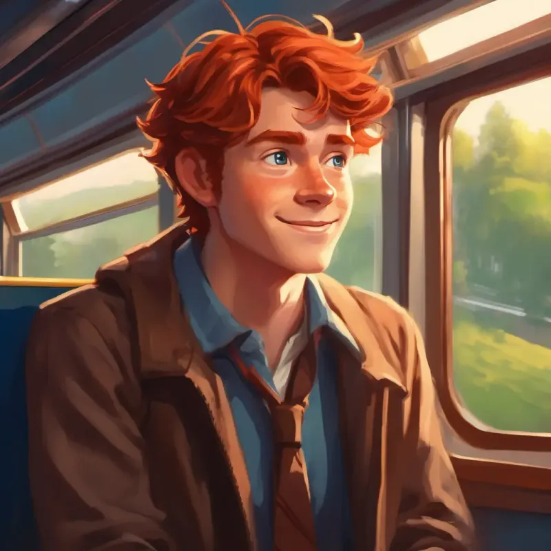 Harry chats with Tall, red hair, freckles, blue eyes, friendly smile and Brown hair, brown eyes, determined face, intelligent spark on the train.
