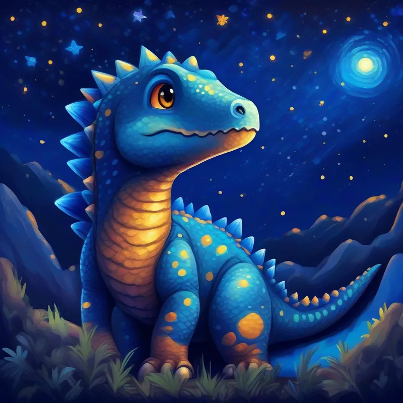 A curious dinosaur with bright blue scales and a spiky tail. the dinosaur looks up at the starry night sky.