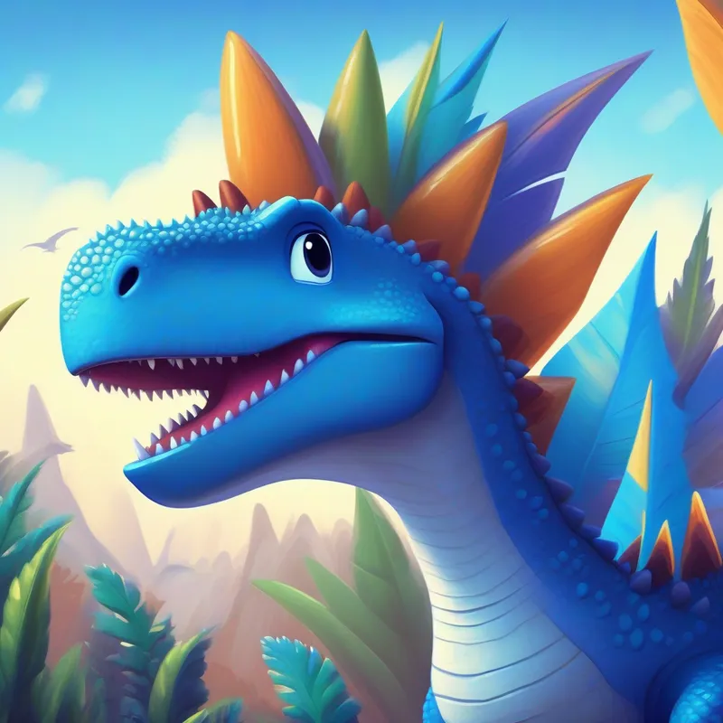 A curious dinosaur with bright blue scales and a spiky tail. gets ready for his space adventure and tells his dinosaur friends.