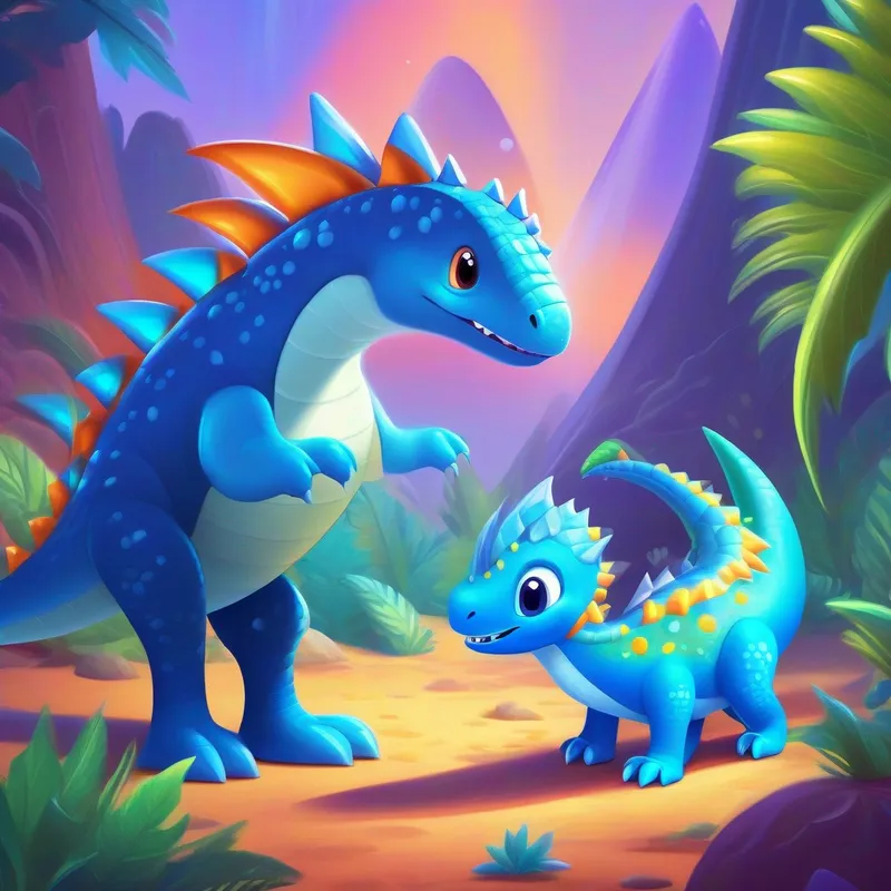 A curious dinosaur with bright blue scales and a spiky tail. and A friendly alien with a shiny silver spaceship. explore different planets, having fun and learning.