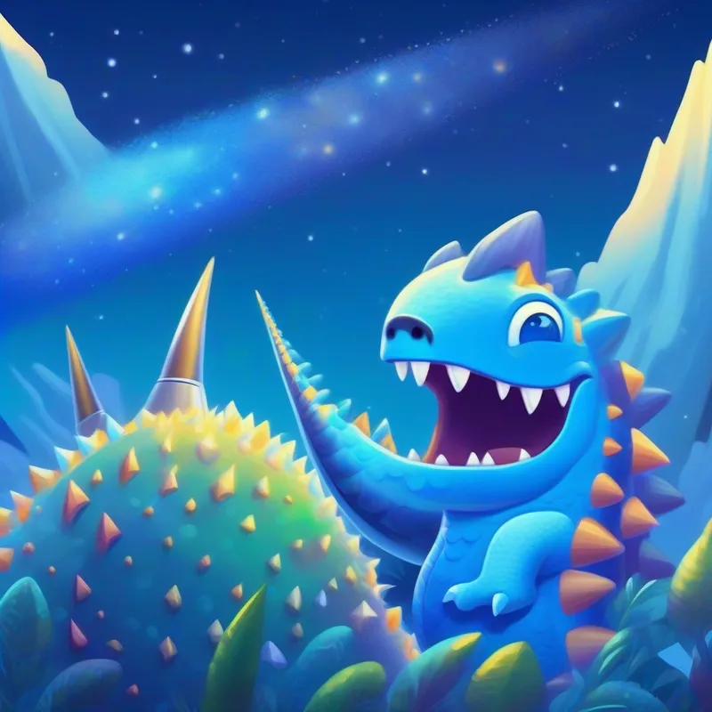 A curious dinosaur with bright blue scales and a spiky tail. says goodbye to A friendly alien with a shiny silver spaceship. and heads back to Earth on his shooting star.