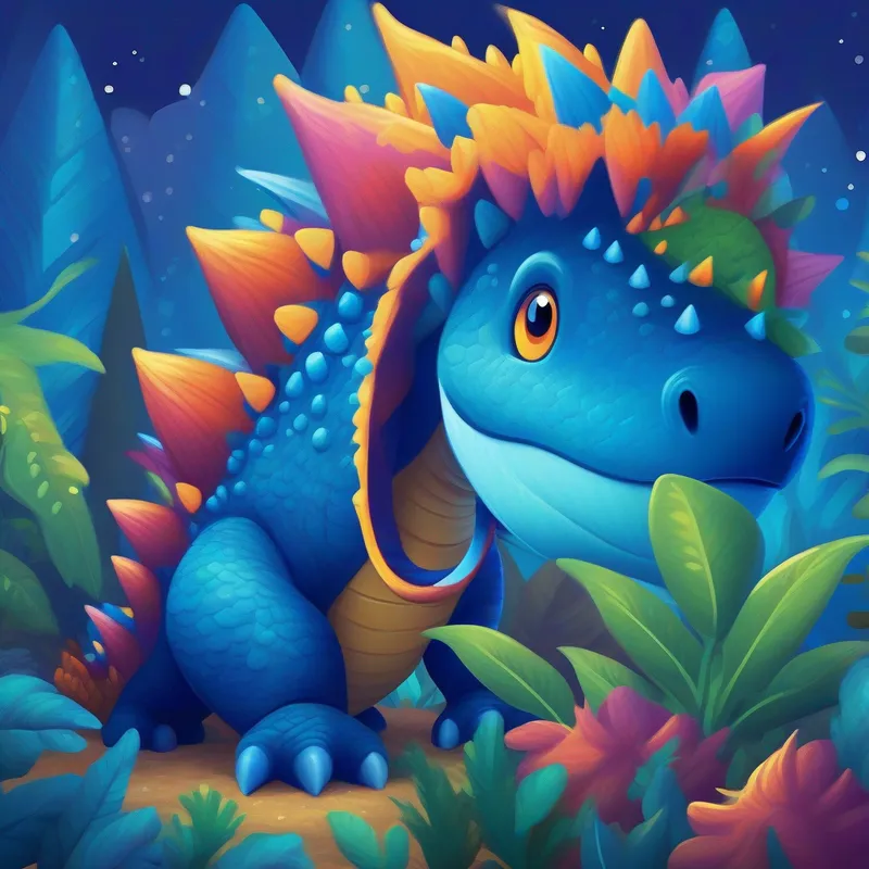 A curious dinosaur with bright blue scales and a spiky tail. shares his space adventure with his dinosaur friends.