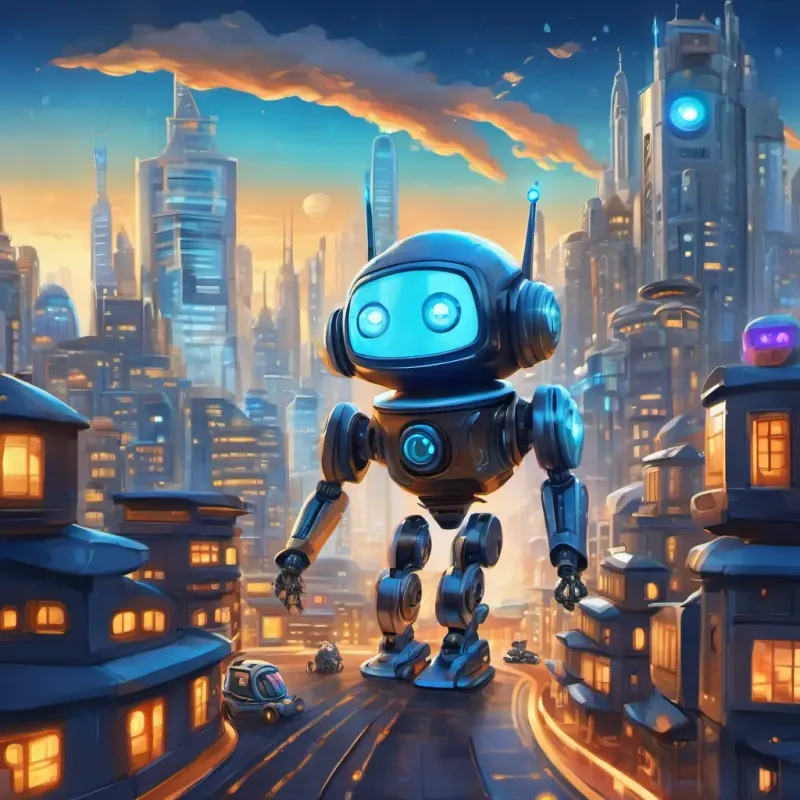 A small robot with a metallic body and bright blue eyes, a small robot with a metallic body and bright blue eyes, standing in a futuristic city surrounded by tall buildings and flying cars.