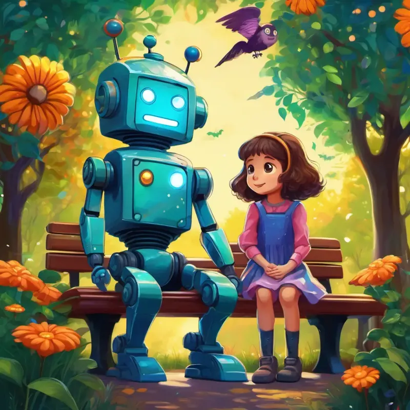 A small robot with a metallic body and bright blue eyes, with arms outstretched, comforting a sad little girl named A little girl with a cheerful face and curly brown hair on a park bench, surrounded by lush green trees and colorful flowers.