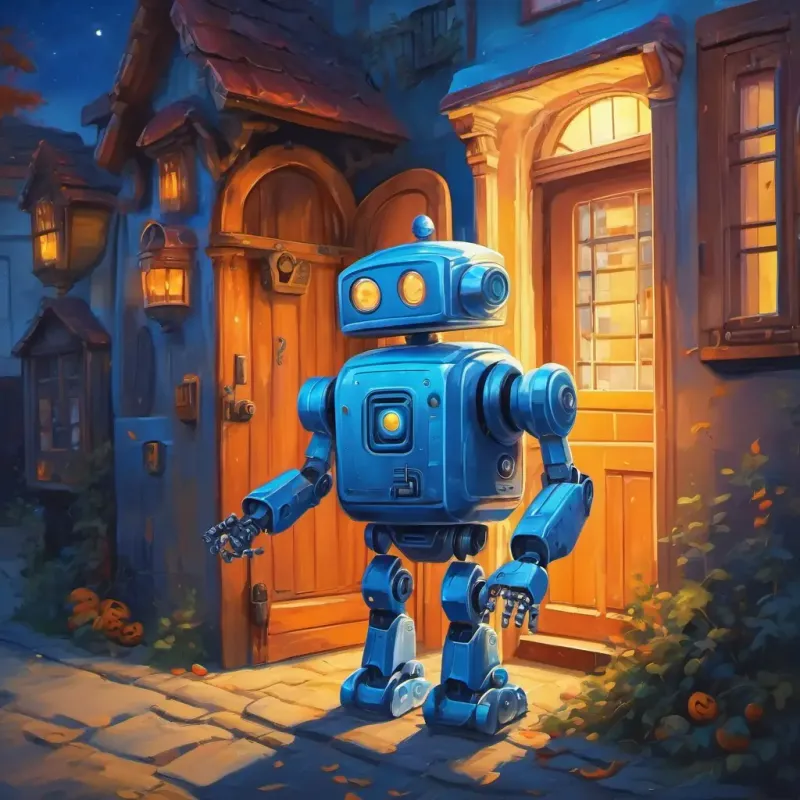 A small robot with a metallic body and bright blue eyes knocking on doors and talking to people, his bright blue eyes filled with determination and his small figure against various houses and hidden corners.