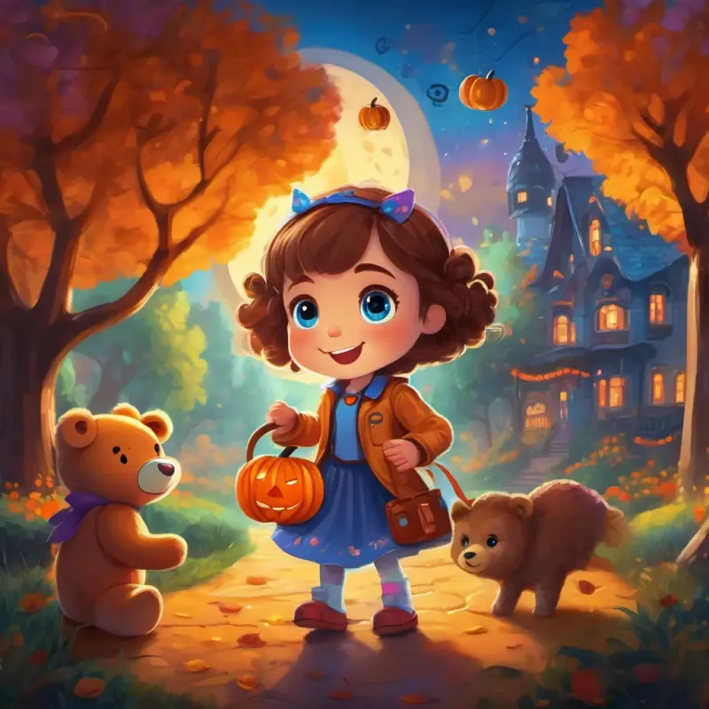 A small robot with a metallic body and bright blue eyes presenting the teddy bear to A little girl with a cheerful face and curly brown hair, her eyes lighting up with joy, surrounded by the colorful park and playful animals.