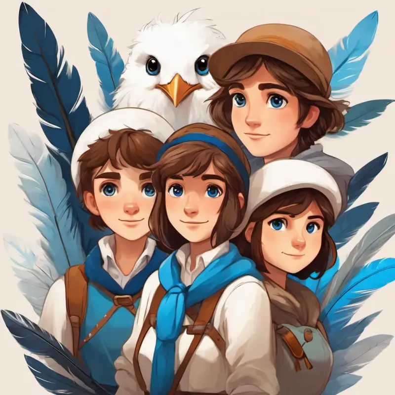 Three friends, Brown hair with brown hair, Blue eyes with blue eyes, and White feathers with white feathers, plan an adventure