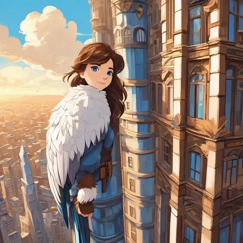 Brown hair, Blue eyes, and White feathers climb up a tall building together