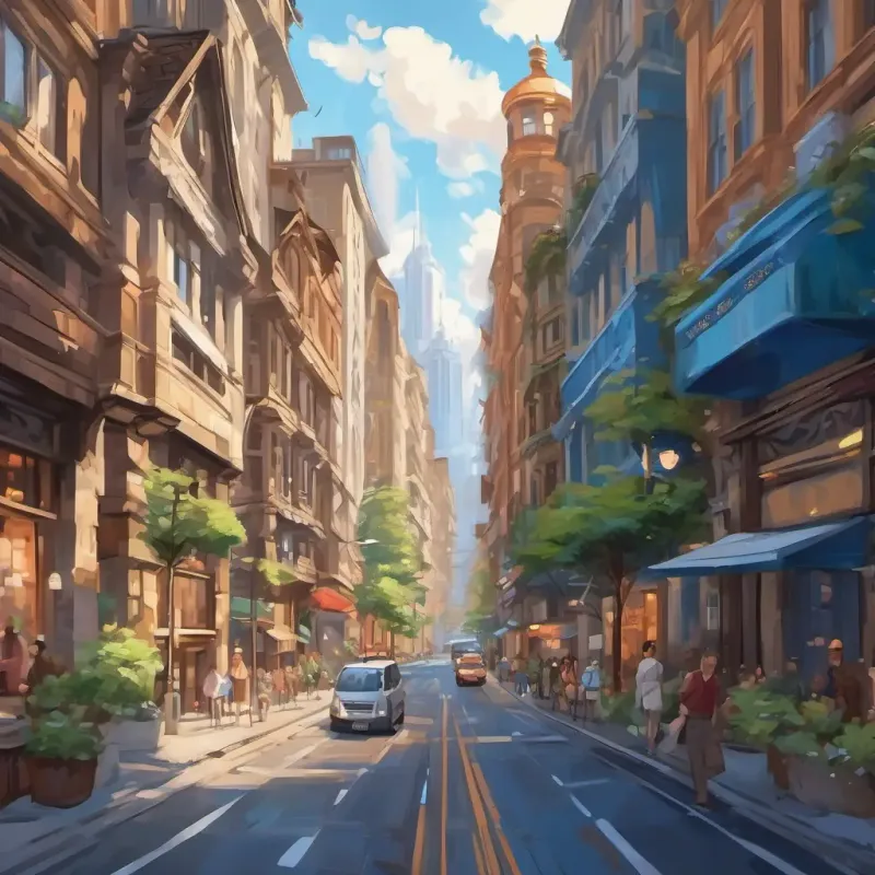 Brown hair, Blue eyes, and White feathers see a big city with tall buildings and busy streets