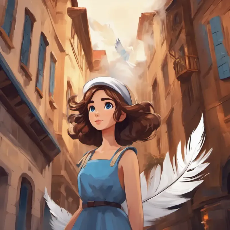 Brown hair, Blue eyes, and White feathers hear loud noises and see smoke from a building