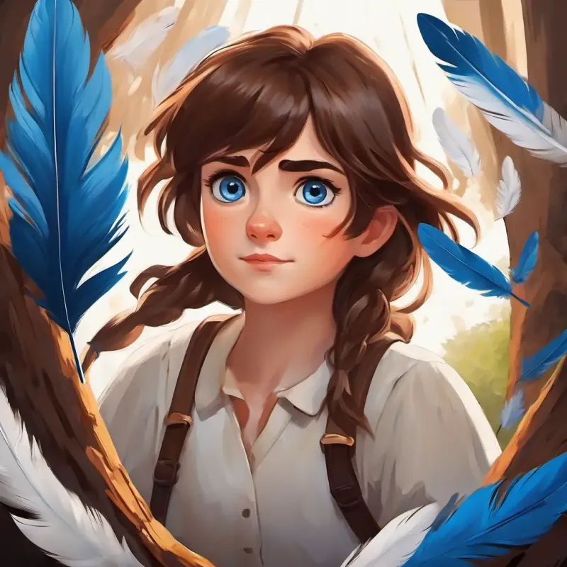 Brown hair, Blue eyes, and White feathers fly down to help scared people