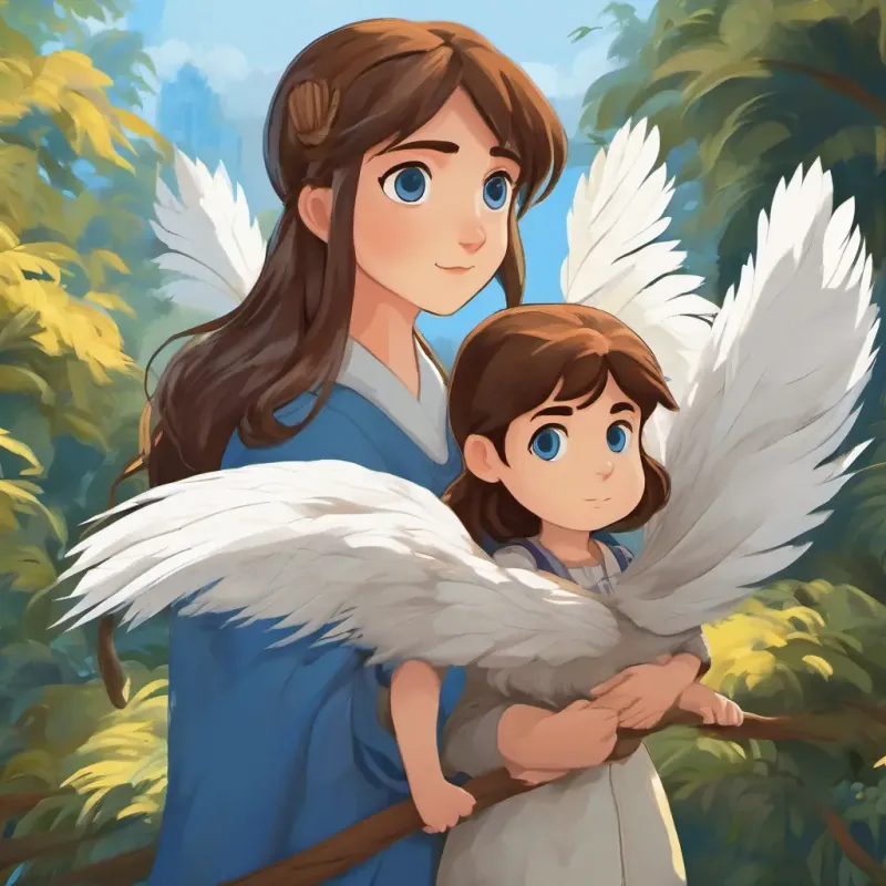 Brown hair, Blue eyes, and White feathers comfort scared people by holding their hands