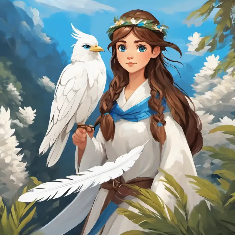 Brown hair, Blue eyes, and White feathers are brave and strong, helping people
