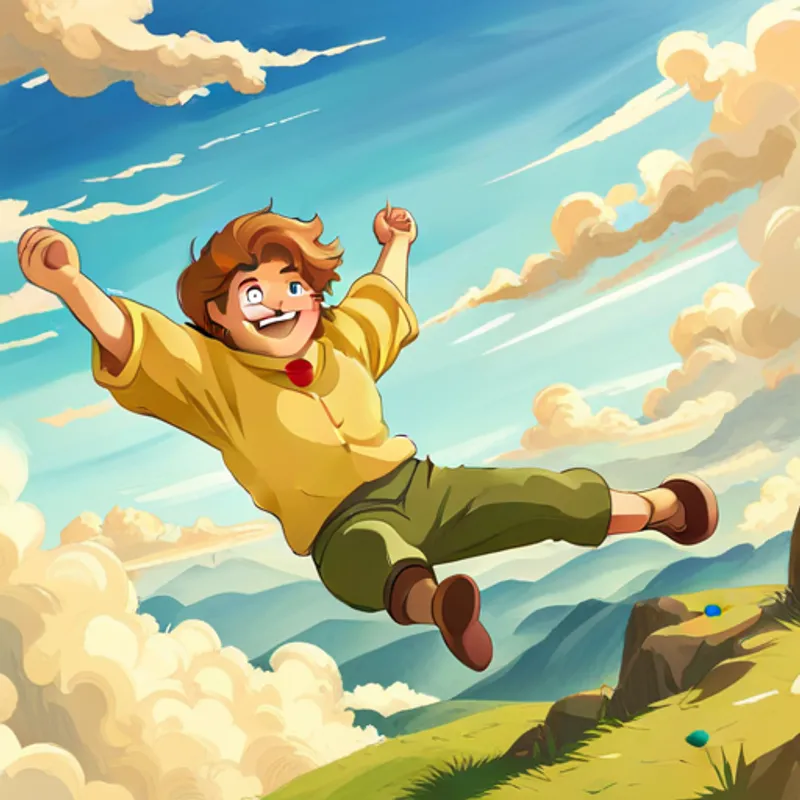 Leo floating in the air with a smile