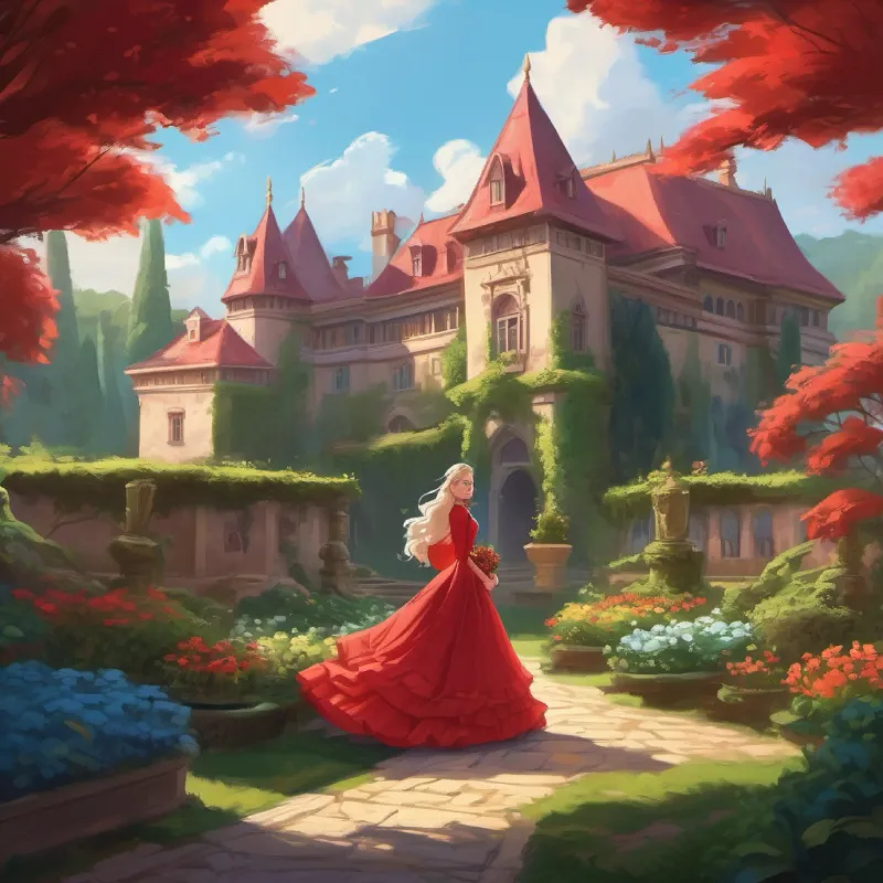 Introduction to the palace and the Frail with long hair, blue eyes, dressed in an extremely puffy red dress, who is about to embark on a garden adventure.