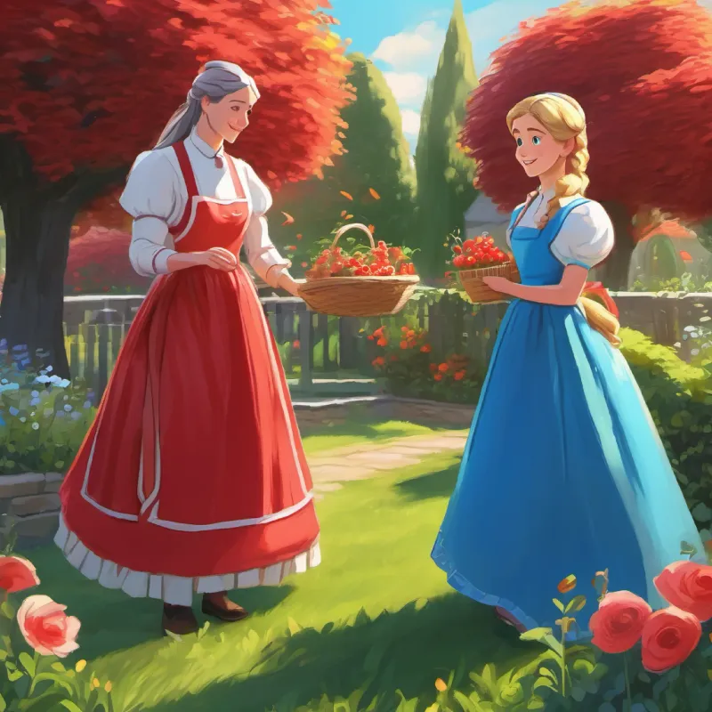 The Frail with long hair, blue eyes, dressed in an extremely puffy red dress's elaborate dress and the helpful Kind-hearted with aprons, helping the princess in the sunny garden in the sunny garden.