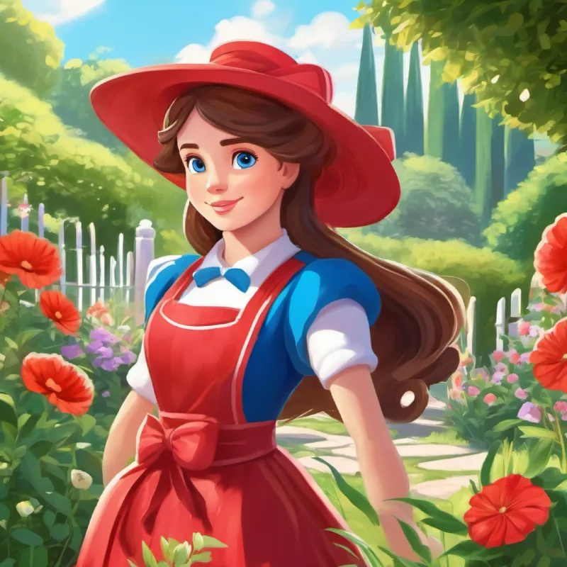 The Kind-hearted with aprons, helping the princess in the sunny garden helping the Frail with long hair, blue eyes, dressed in an extremely puffy red dress navigate the beautiful garden scenery.