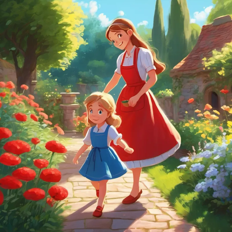 The playful interaction between the Frail with long hair, blue eyes, dressed in an extremely puffy red dress and the Kind-hearted with aprons, helping the princess in the sunny garden as they walk.