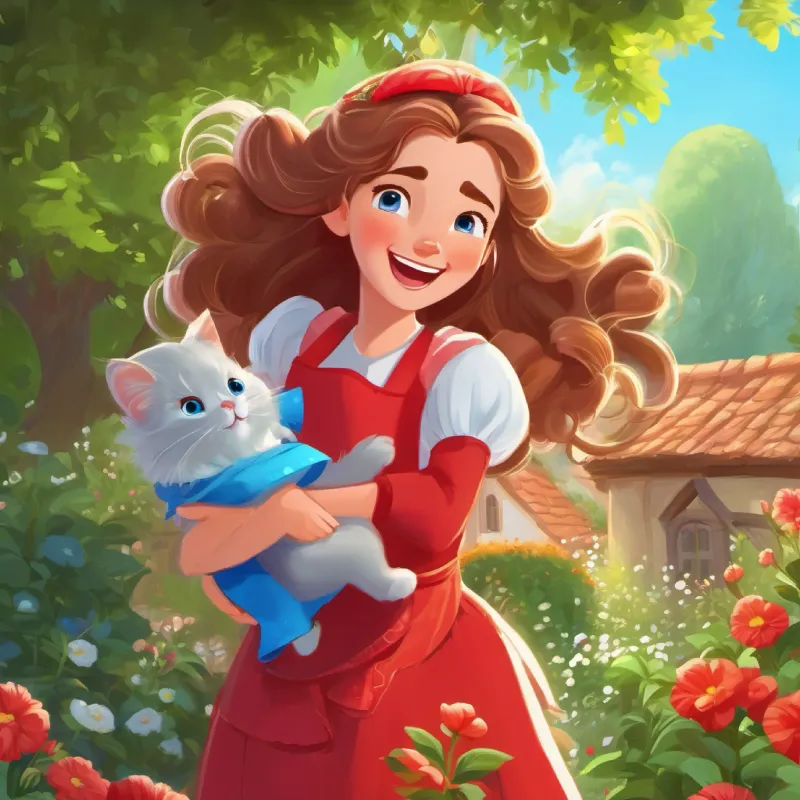 The Kind-hearted with aprons, helping the princess in the sunny garden protecting the Frail with long hair, blue eyes, dressed in an extremely puffy red dress as she laughs and fixes her hair.
