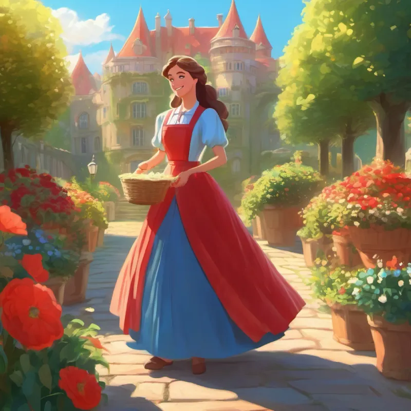 The Frail with long hair, blue eyes, dressed in an extremely puffy red dress and Kind-hearted with aprons, helping the princess in the sunny garden returning to the palace after a fun garden adventure.