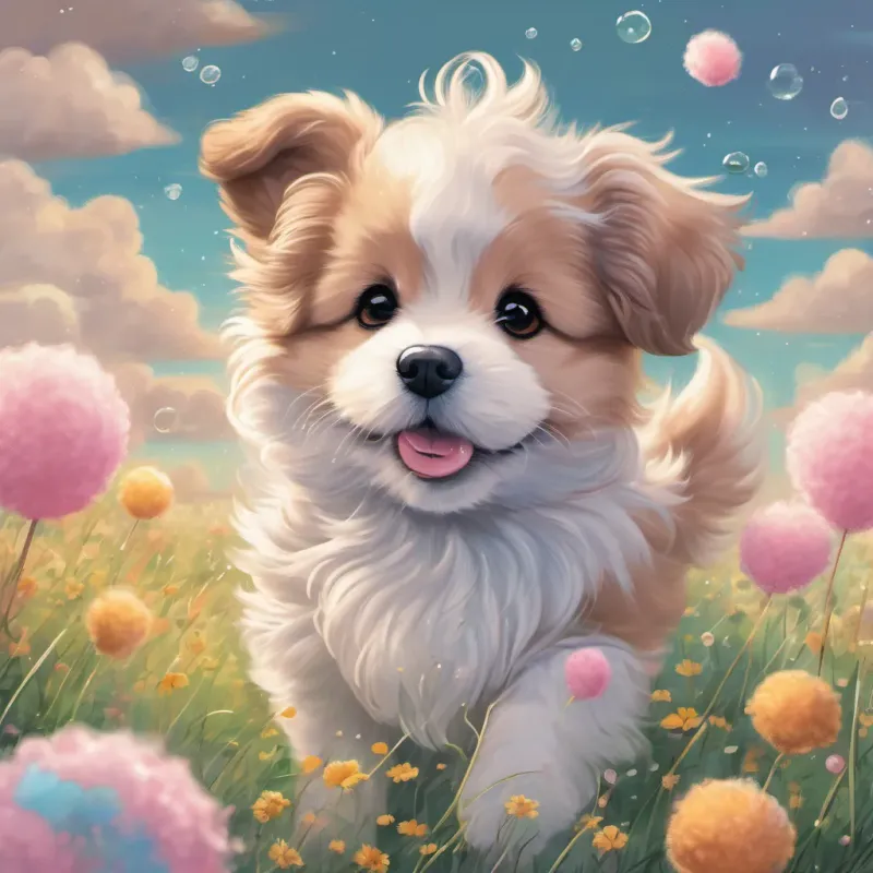 A fluffy puppy with a wagging tail frolicking in a sunlit meadow with cotton candy clouds and dancing dewdrops.