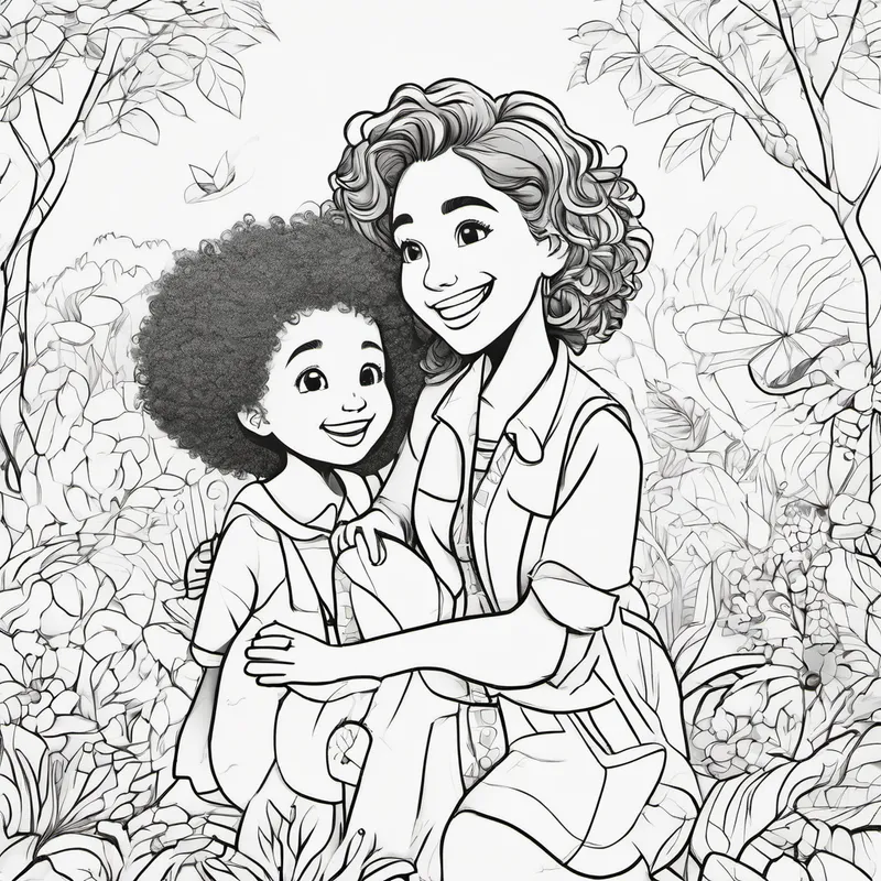 Curly-haired girl with a big smile and colorful clothes. and her mother visit the zoo