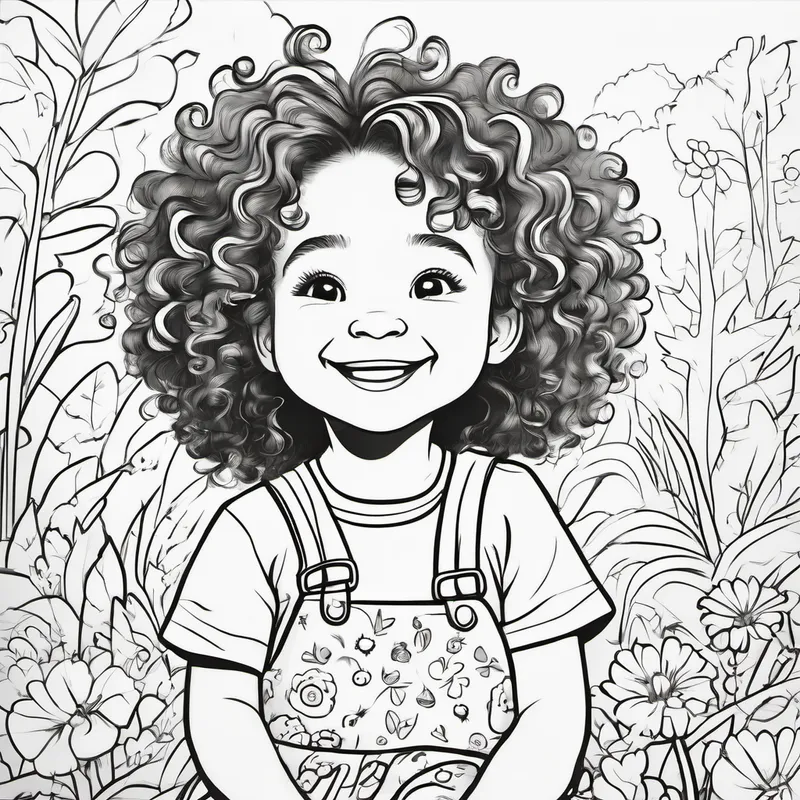 Curly-haired girl with a big smile and colorful clothes. sees baby animals having fun with their parents