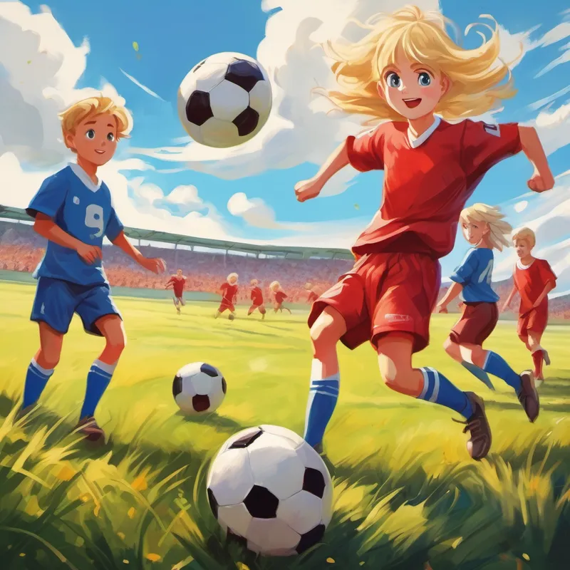 Blonde hair, blue eyes, wearing a red football jersey kicking a football with friends in the field