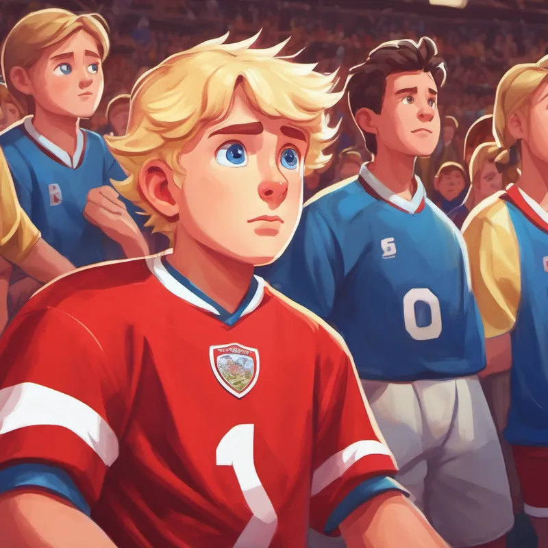 Blonde hair, blue eyes, wearing a red football jersey looking worried while his friends cheer him on
