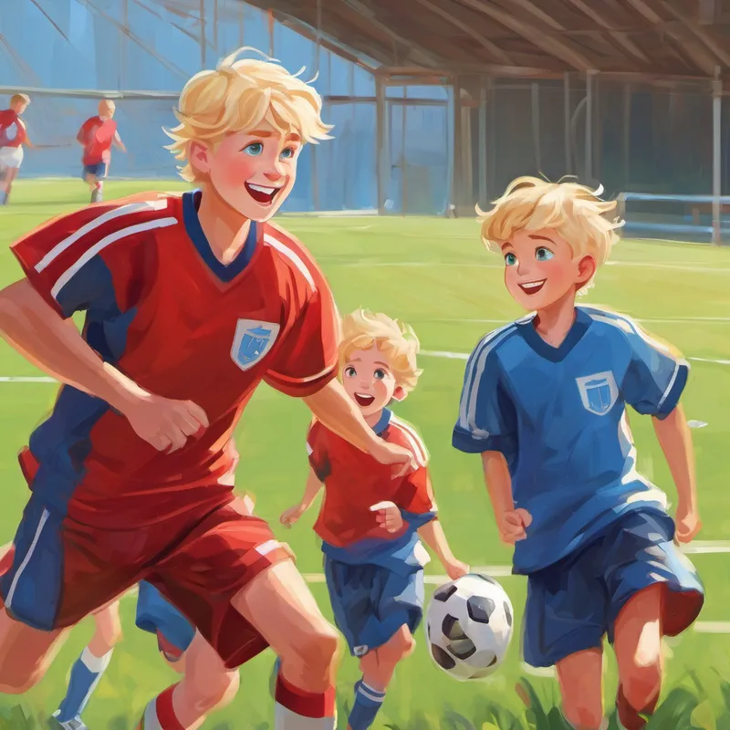 Blonde hair, blue eyes, wearing a red football jersey practicing with his dad and brother, smiling