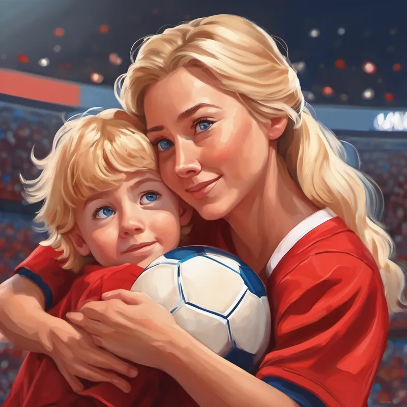 Blonde hair, blue eyes, wearing a red football jersey's mom giving him a big hug