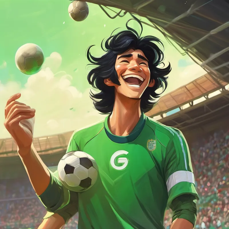 Black hair, mischievous grin, wearing a green goalkeeper outfit laughing with a football in his hands