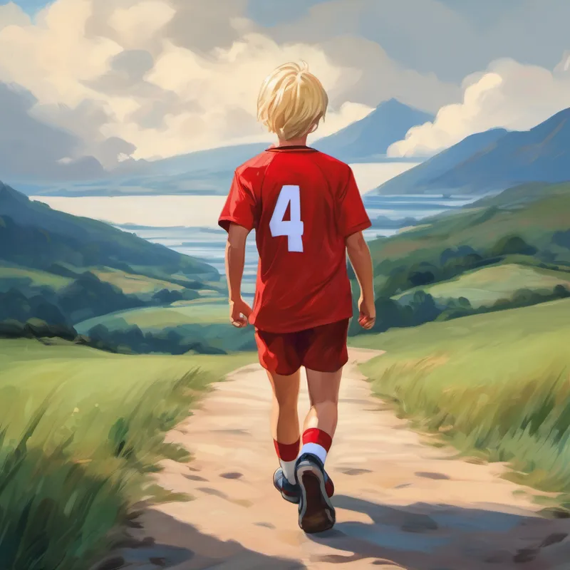 Blonde hair, blue eyes, wearing a red football jersey walking alone, looking determined