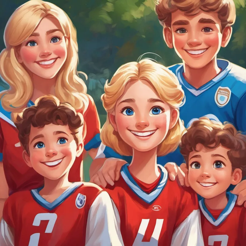 Blonde hair, blue eyes, wearing a red football jersey surrounded by his family, smiling confidently