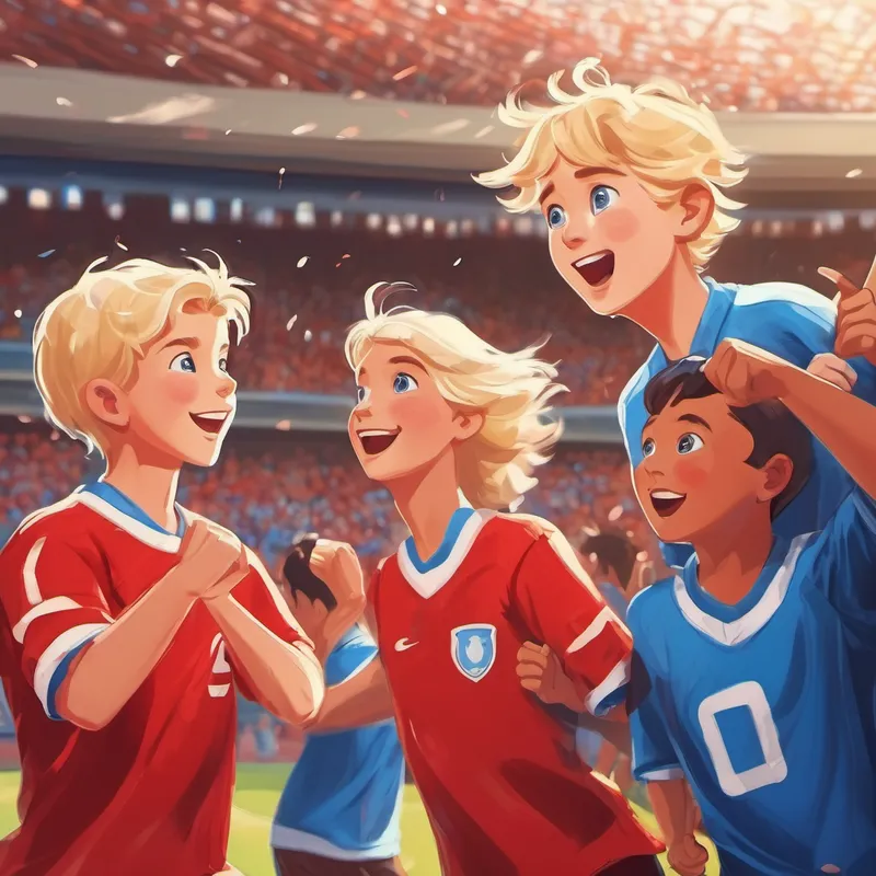 Blonde hair, blue eyes, wearing a red football jersey scoring a goal, with his friends cheering