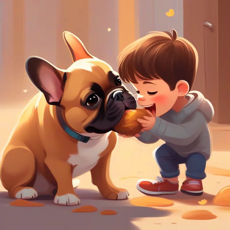 A French bulldog, with a smooshed face and a honey-brown coat, the French bulldog, happily licking A young and playful boy with messy brown hair's hands and feet